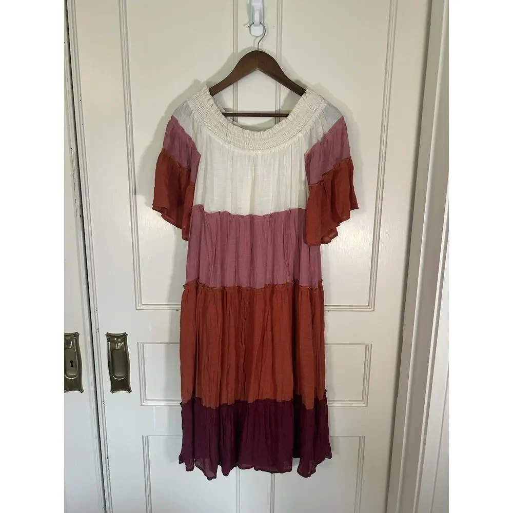 Umgee Linen Blend Color Block Off Shoulder Midi Peasant Dress Womens Size Medium